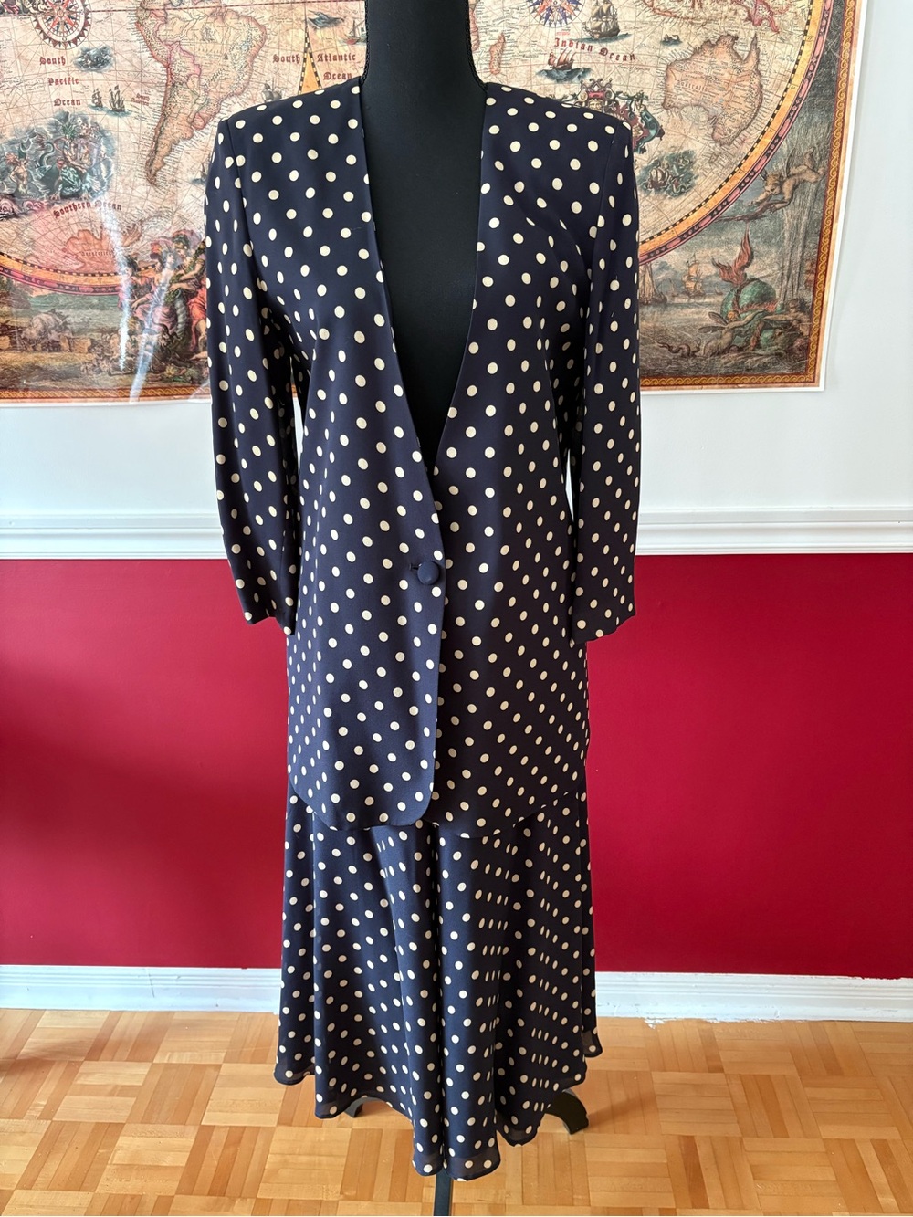 ALFRED SUNG Navy Blazer and Cream Polka Dot Skirt Set